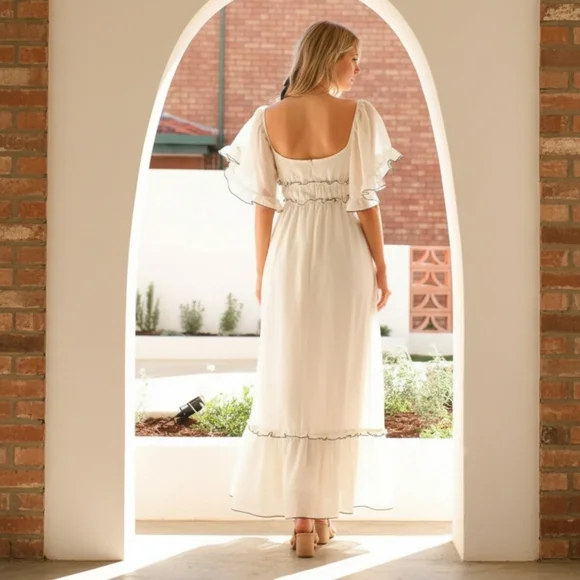 Flutter Sleeve Ruffled Empire Waist Square Neck Contrast Trim Tiered Maxi Dress - Picture 2 of 14